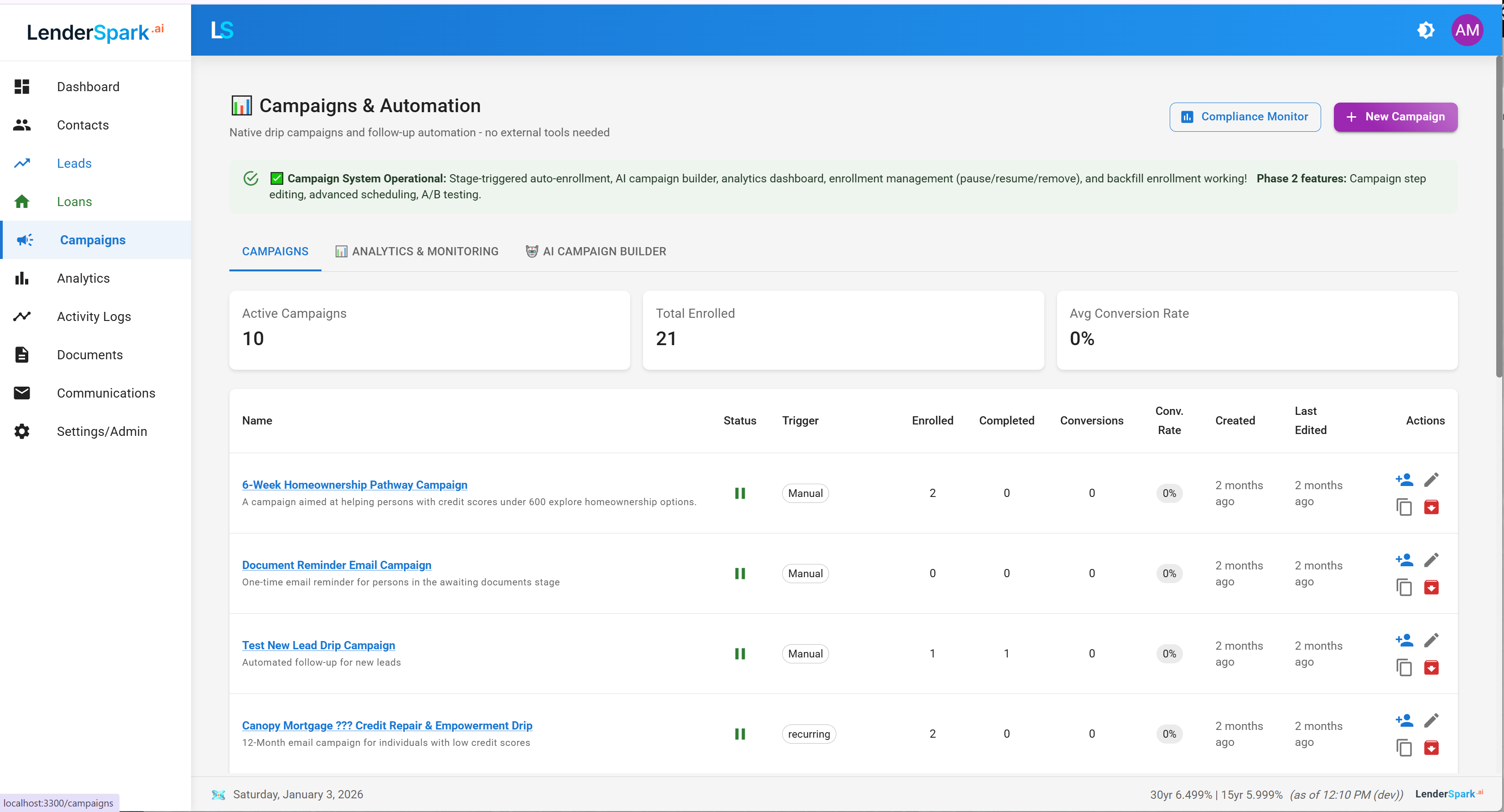 LenderSpark Campaigns & Automation - 10 active campaigns with enrollment tracking, AI campaign builder, and compliance monitoring