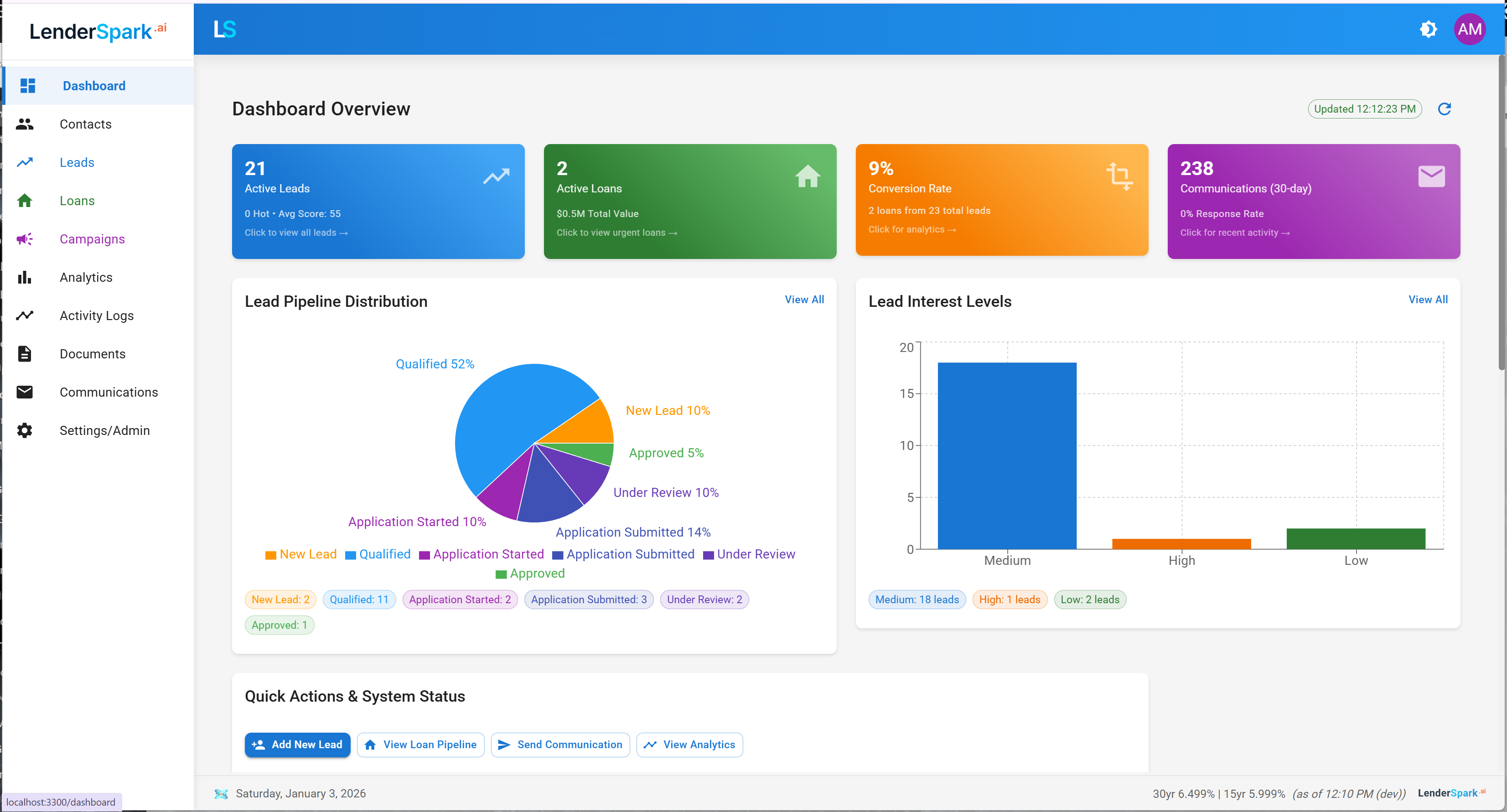 LenderSpark Dashboard - AI-Powered Mortgage CRM with Lead Pipeline, Conversion Analytics, and Quick Actions