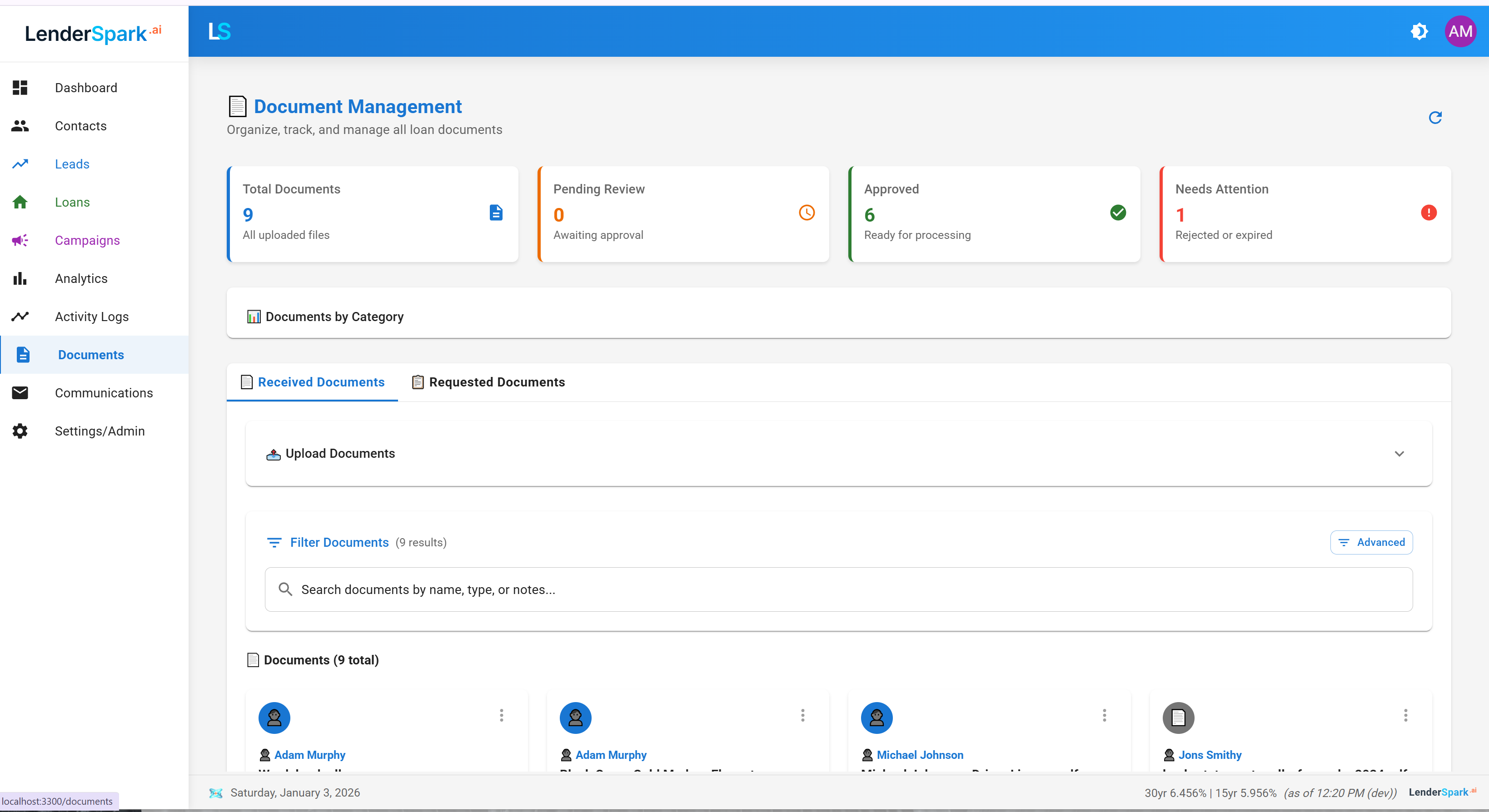 LenderSpark Document Management - Track loan documents with status indicators, approval workflow, and person-linked organization