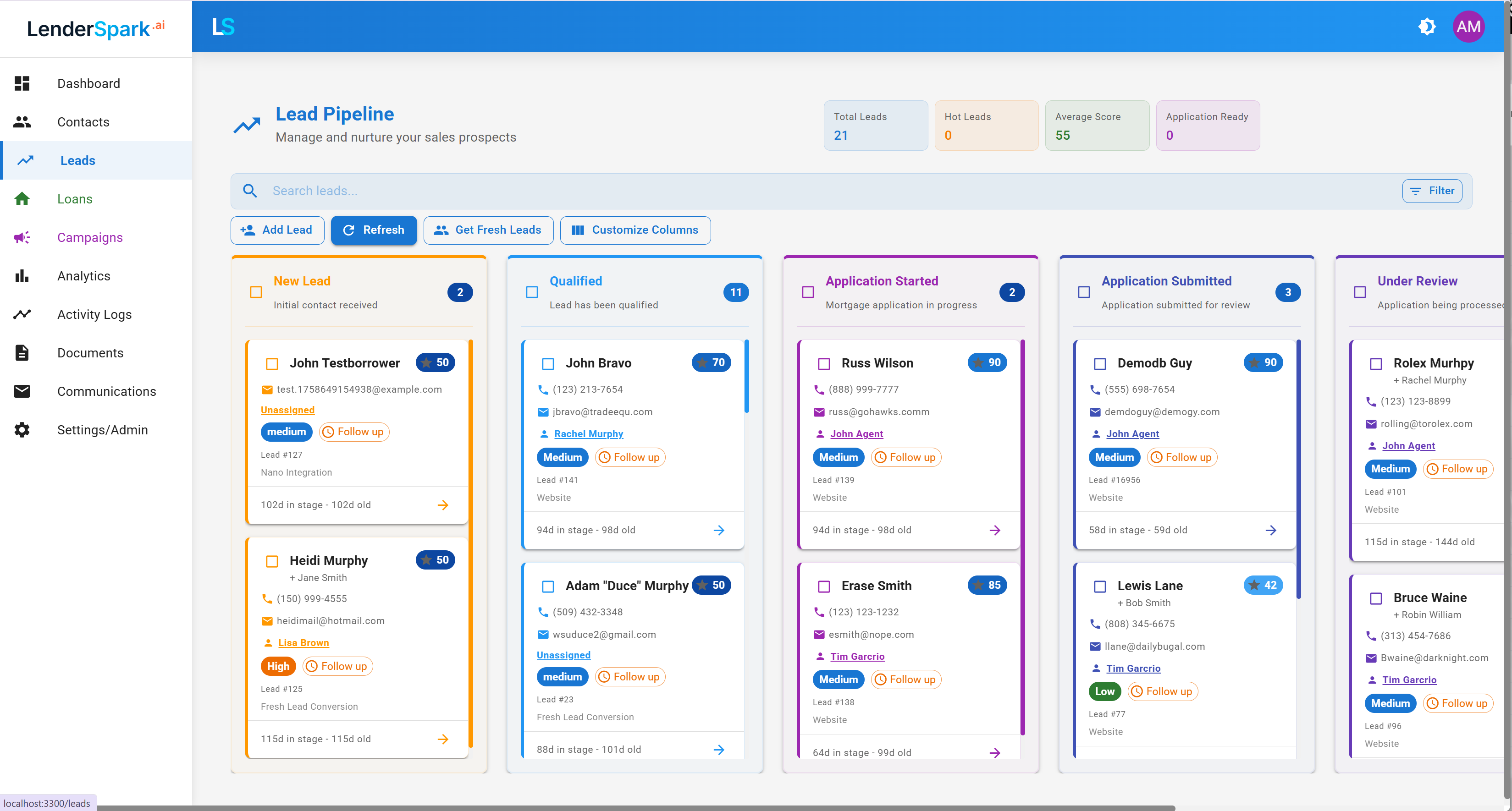 LenderSpark Lead Pipeline - Kanban board showing leads organized by stage with AI scoring, agent assignments, and quick actions
