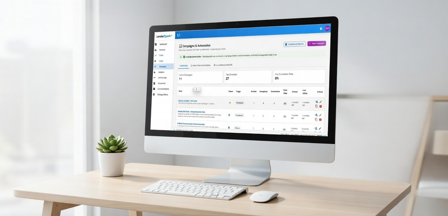 LenderSpark Campaigns & Automation - Active campaigns with enrollment tracking, AI campaign builder, and compliance monitoring