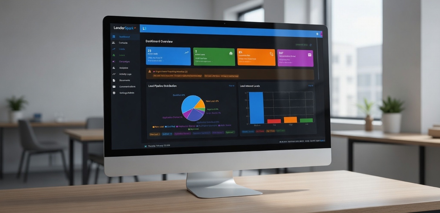 LenderSpark Dashboard Dark Mode - AI-Powered Mortgage CRM in a modern office